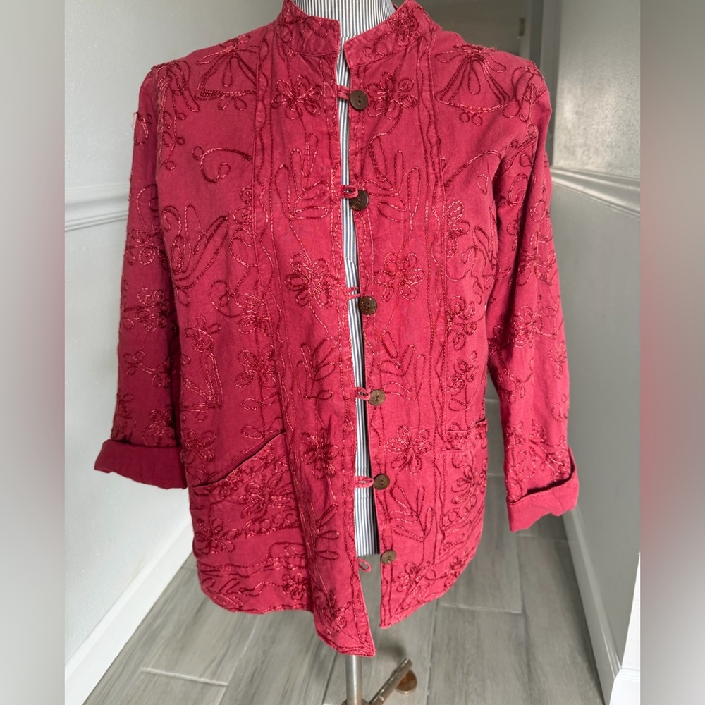 Red Embroidered Button-Up Galeno Jacket